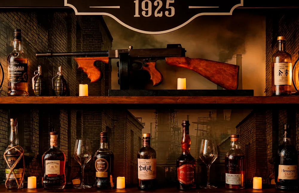 Doriangrey Tallinn Peaky Blinders Black Penny Society event back bar shelves